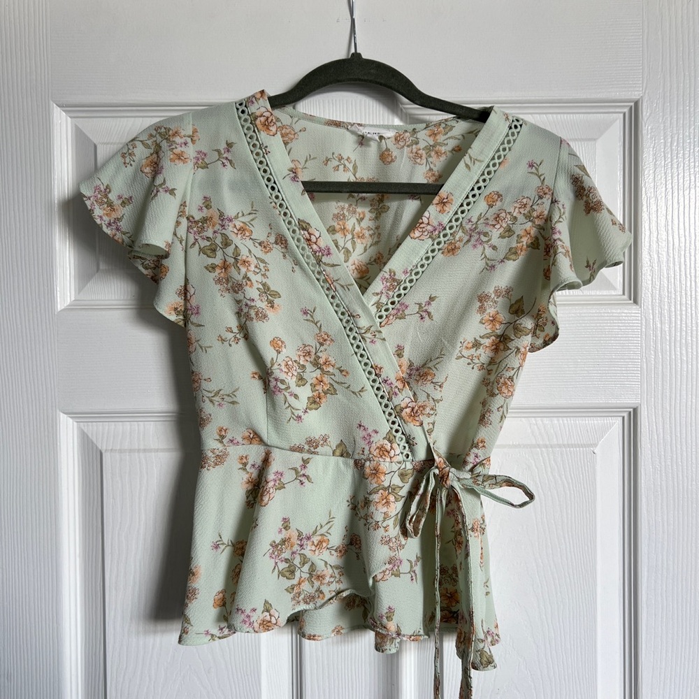 Floral Peplum Wrap Top - light sage green